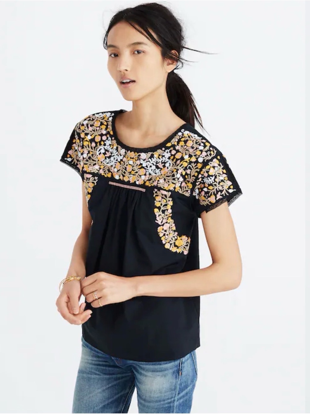 Madewell Embroidered Black Floral Top